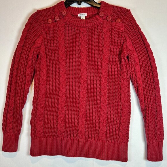 L.L. Bean Sweaters - LL Bean Cable Knit Chunky Pullover Crew Neck Sweater Size M Button Shoulders Red